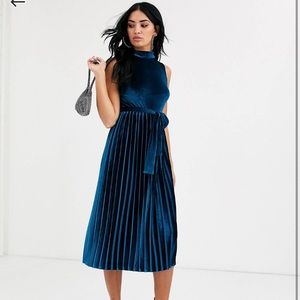 ASOS Design sleeveless high neck pleated open back velvet midi dress